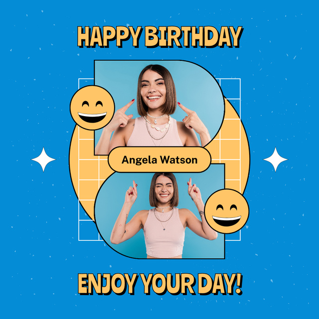 Birthday Greeting with Emoticons on Blue LinkedIn postデザインテンプレート