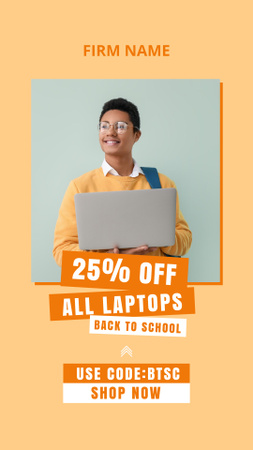 Back to School Discount Offer with Student holding Laptop Instagram Video Story Design Template