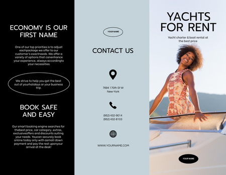 Yacht Rent Offer with Smiling Woman Brochure 8.5x11in Design Template