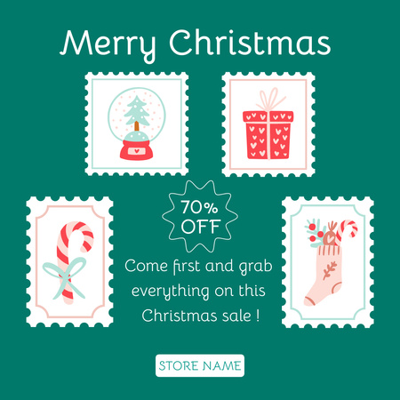 Ontwerpsjabloon van Instagram AD van Vrolijk kerstfeest retro postzegels
