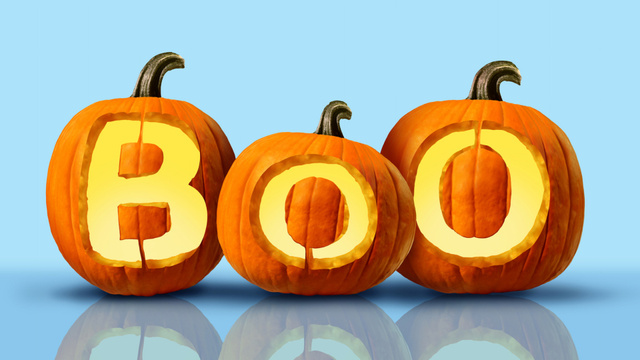 Halloween Phrase Boo And Carved Pumpkins Zoom Background Modelo de Design