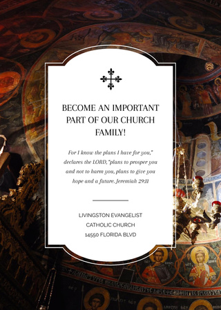 Ontwerpsjabloon van Postcard A6 Vertical van Kerk verwelkomende gebeden met uitzicht op de oude kathedraal