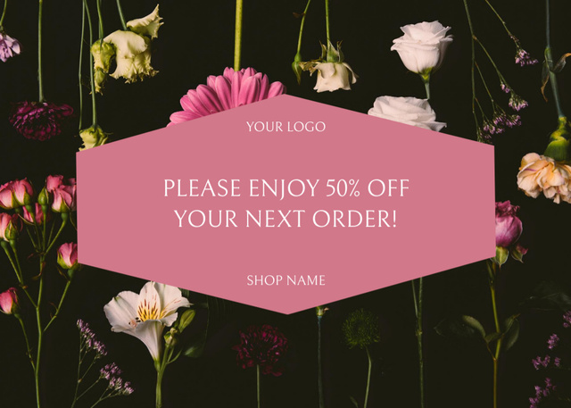 Modèle de visuel Discount on Next Order with Beautiful Flowers on Black - Postcard 5x7in