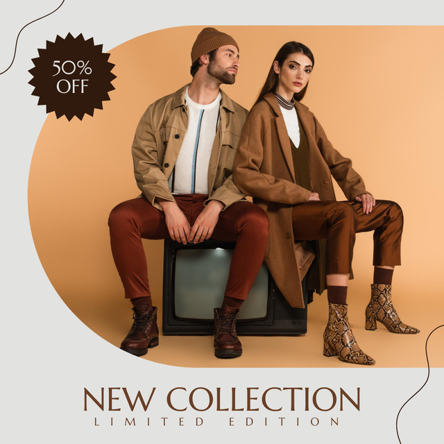 Plantilla de diseño de New Collection Sale Announcement with Stylish Woman and Man in Brown Clothes Instagram 