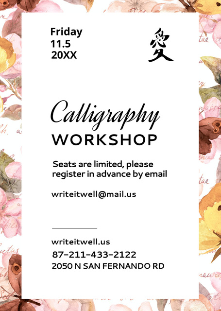 Calligraphy Workshop Announcement with Pastel Watercolor Flowers Flyer A6デザインテンプレート