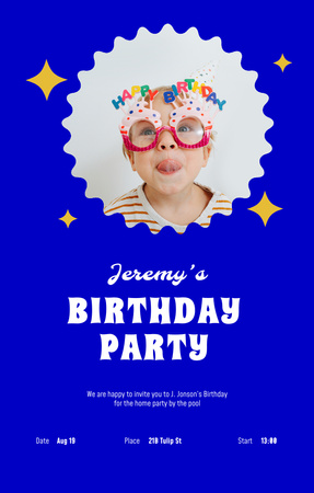 Birthday Party Announcement With Cute Kid in Glasses Invitation 4.6x7.2in Design Template