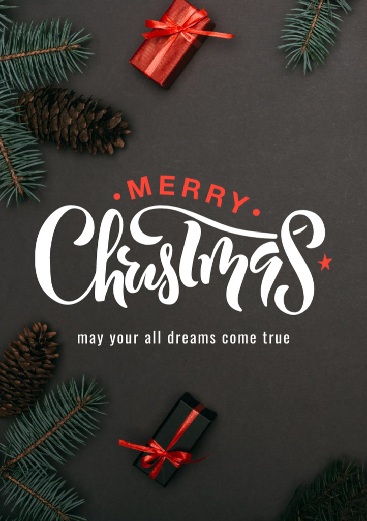 Christmas Holiday Greeting with Presents on Black Postcard A5 Vertical Design Template