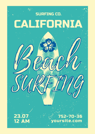 Plantilla de diseño de Surfing Tour Offer Surfboard on Blue Invitation 