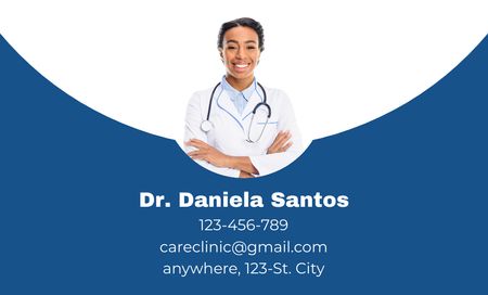 Szablon projektu Healthcare Facility Promotion with African American Doctor on Blue Business Card 91x55mm