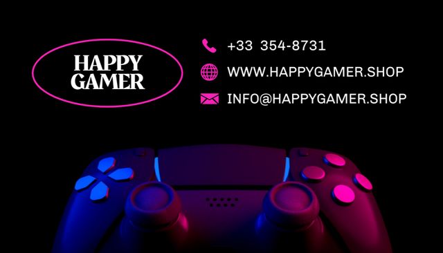 Gaming Store Ad with Neon Joystick Business Card USデザインテンプレート