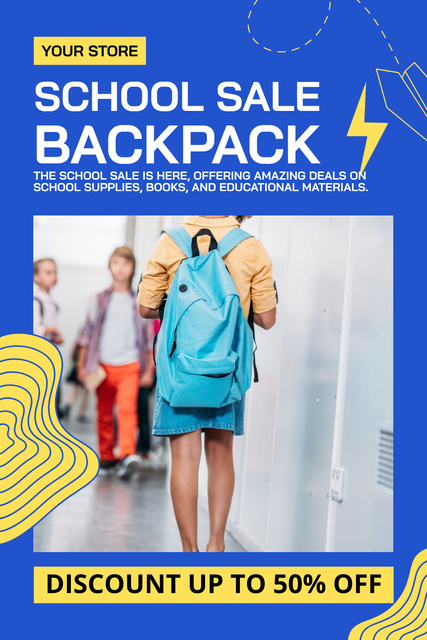 School Sale Backpacks for Kids on Blue Pinterest Design Template