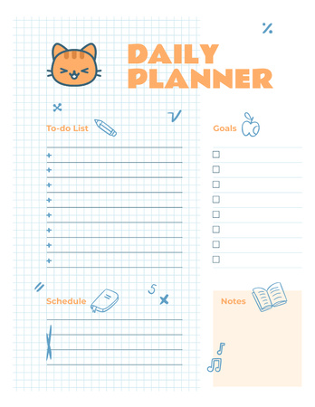 Daily Planner with Cute Cat in School Stationery Notepad 8.5x11in Design Template