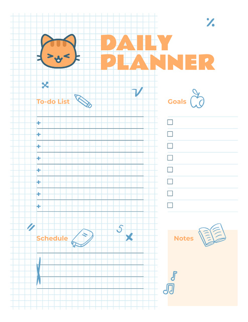 Designvorlage Daily Planner with Cute Cat in School Stationery für Notepad 8.5x11in