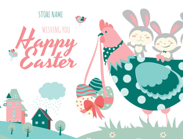 Platilla de diseño Warm Easter Wishes With Chicken And Bunnies Postcard 4.2x5.5in