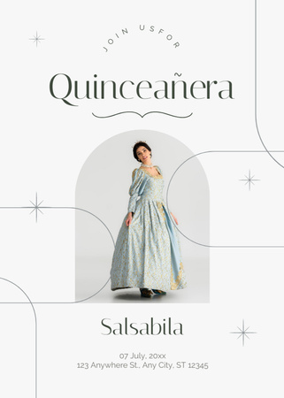 Announcement of Quinceañera Party Event With Lovely Dress In White Invitation Design Template