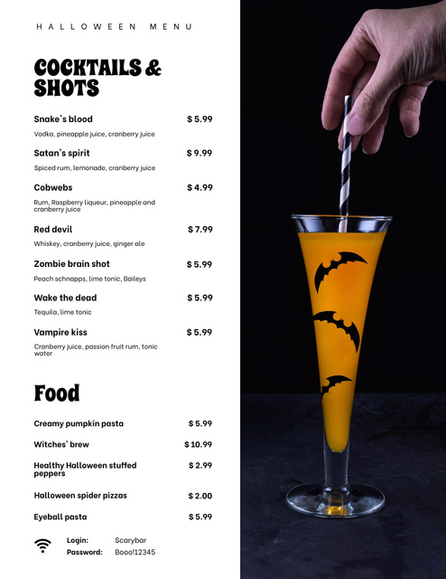 Spooky Cocktails Offer on Halloween With Description Menu 8.5x11in Πρότυπο σχεδίασης