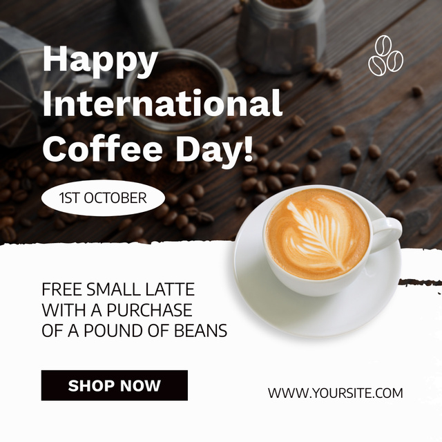 International Coffee Day Greeting with Cup of Latte Instagram Tasarım Şablonu