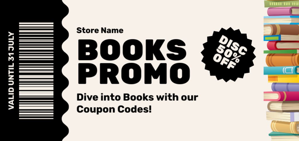 Bookstore Promo Offer with Great Discount Coupon Din Large Πρότυπο σχεδίασης
