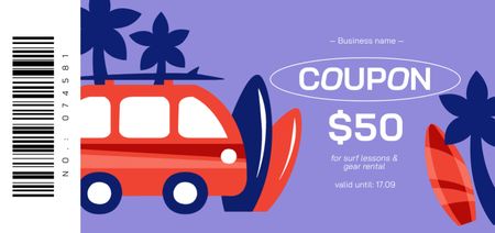 Ontwerpsjabloon van Coupon Din Large van Surf Rentals Ad with Illustration in Purple
