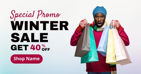 Young Funny Man with Shopping Bags at Winter Sale Facebook AD Design Template