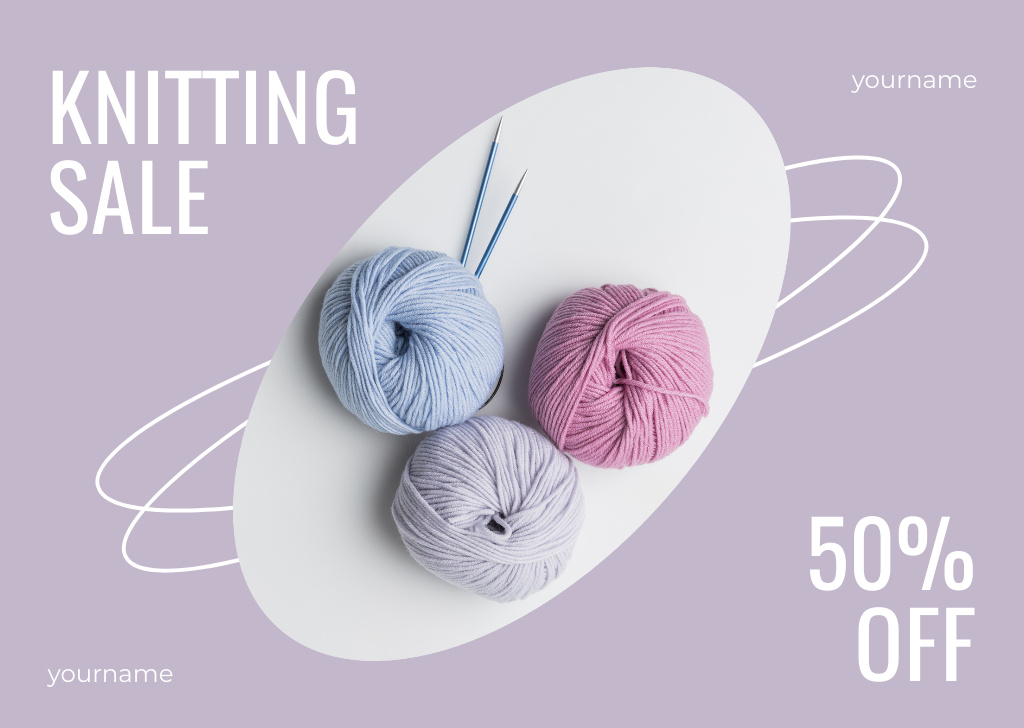 Platilla de diseño Knitting With Yarn Sale Offer In Violet Card