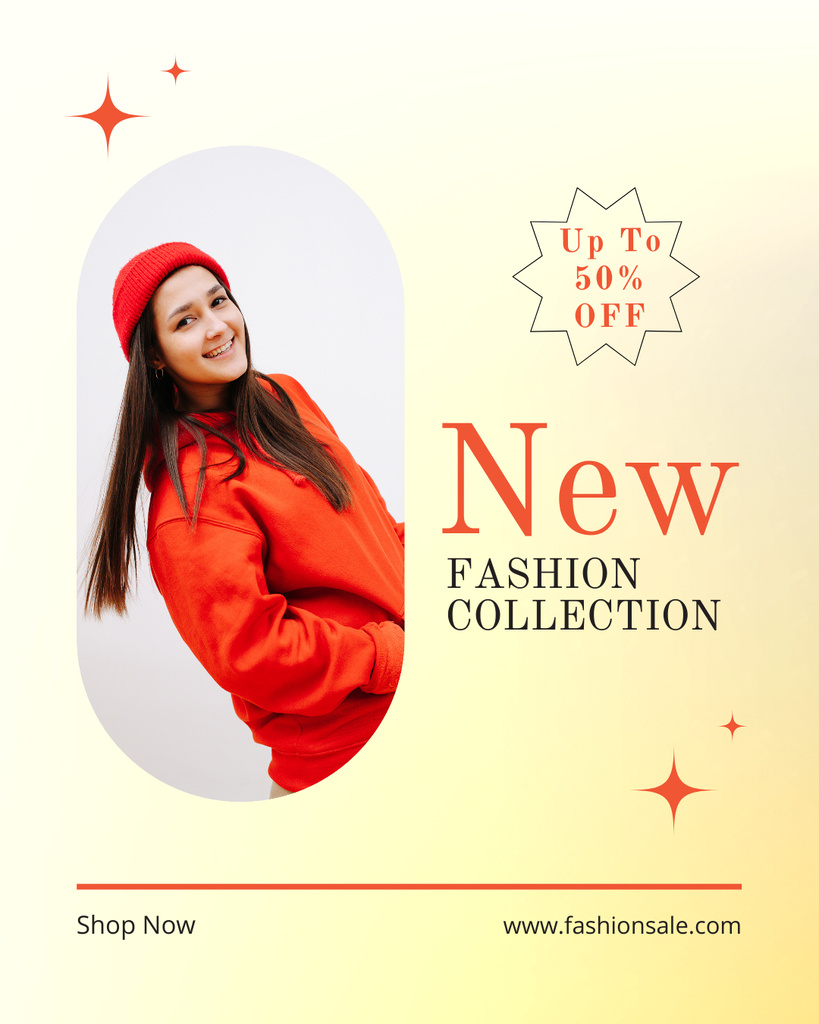 New Fashion Collection Ad with Woman in Red Hat and Hoodie Instagram Post Vertical Design Template
