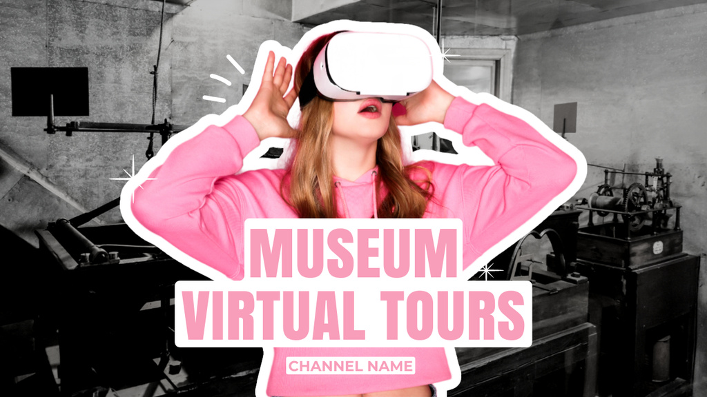 Museum Virtual Tour Ad with Woman using VR Glasses Youtube Thumbnail Design Template