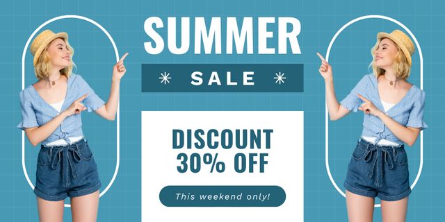 Summer Clothes Discount Ad on Blue Twitter tervezősablon
