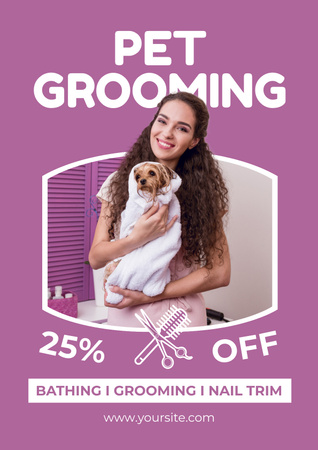 Pet Grooming Discount Ad on Purple Poster Design Template