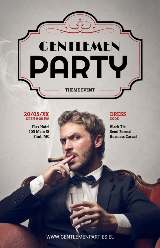 Gentlemen Party with Man in Suit with Cigar Flyer 5.5x8.5in Šablona návrhu