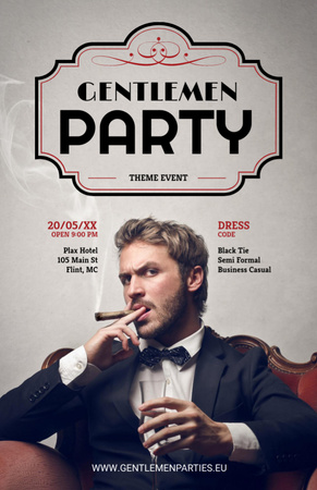 Designvorlage Gentlemen Party Invitation with Handsome Man in Suit with Cigar für Flyer 5.5x8.5in