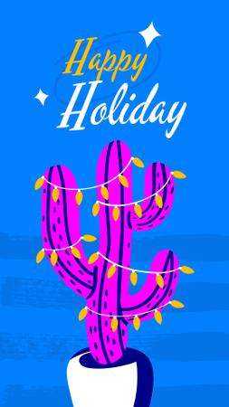 Holiday Greeting with Cute Cactus in Garland Instagram Story Design Template