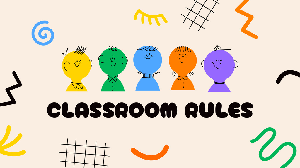 Designvorlage Classroom Rules Announcement With Colorful Children Characters für Presentation Wide