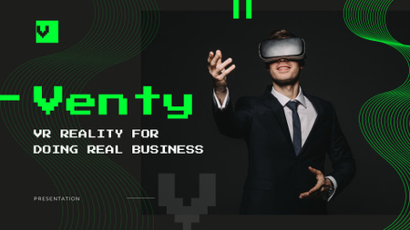 Platilla de diseño Virtual Reality Guide with Businessman in VR Glasses Presentation Wide