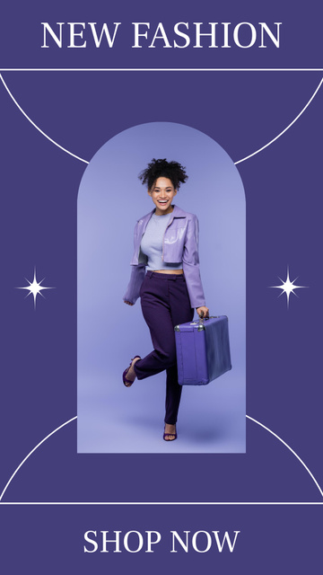 New Fashion Announcement with Woman in Blue and Purple Outfit Instagram Story Modelo de Design