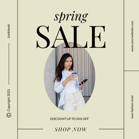 Spring Sale Announcement with Beautiful Brunette Instagramデザインテンプレート