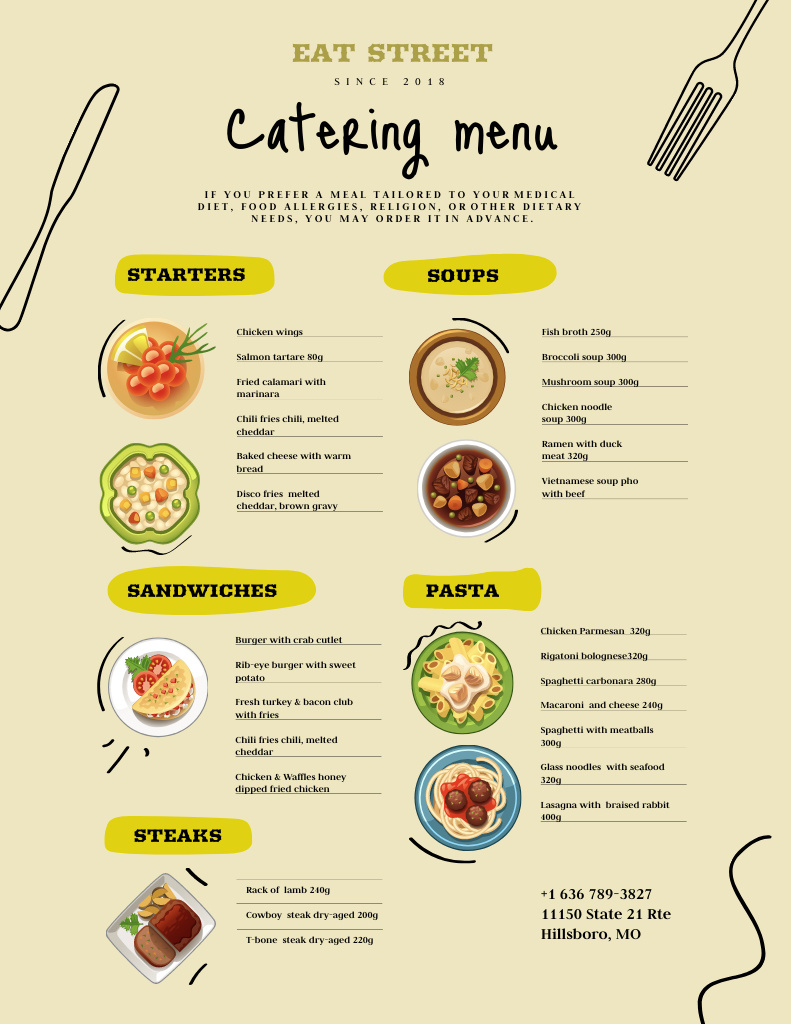 Catering Menu Announcement with Dishes Menu 8.5x11in Modelo de Design