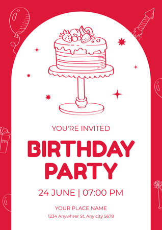 Birthday Party with Cake on Red Poster Design Template