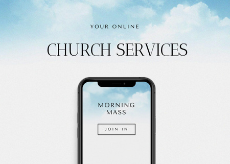 Oferta de Serviços de Igreja Online com Tela de Telefone Flyer 5x7in Horizontal Modelo de Design