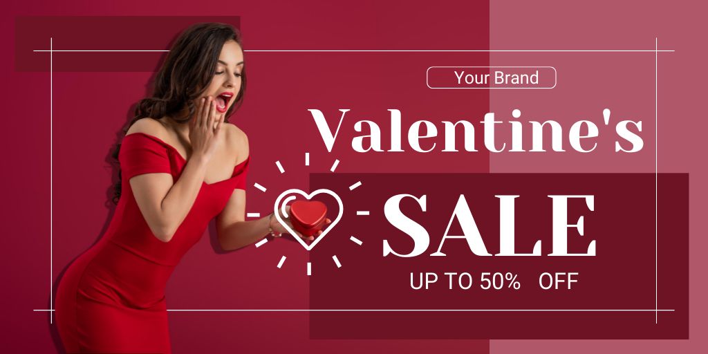 Valentine's Day Sale Announcement with Surprised Young Woman Twitter Tasarım Şablonu