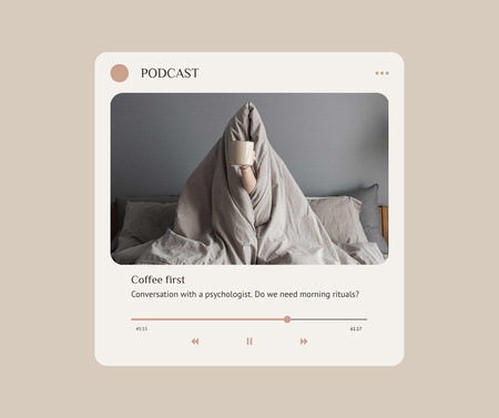 Plantilla de diseño de podcast anuncio con la mujer en la cama sosteniendo café Facebook 
