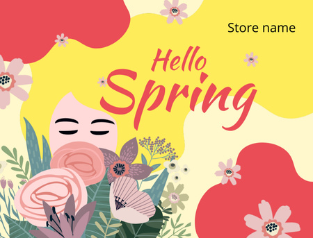 Dreamy Girl With Spring Blossoming Flowers Postcard 4.2x5.5in Design Template