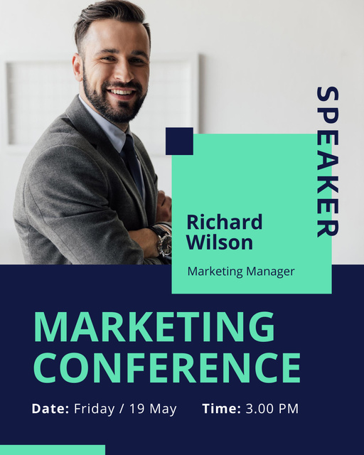 Template di design Marketing Conference Announcement with Young Businessman Instagram Post Vertical