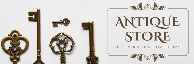 Antique Shop Ad with Carved Keys Twitter Modelo de Design