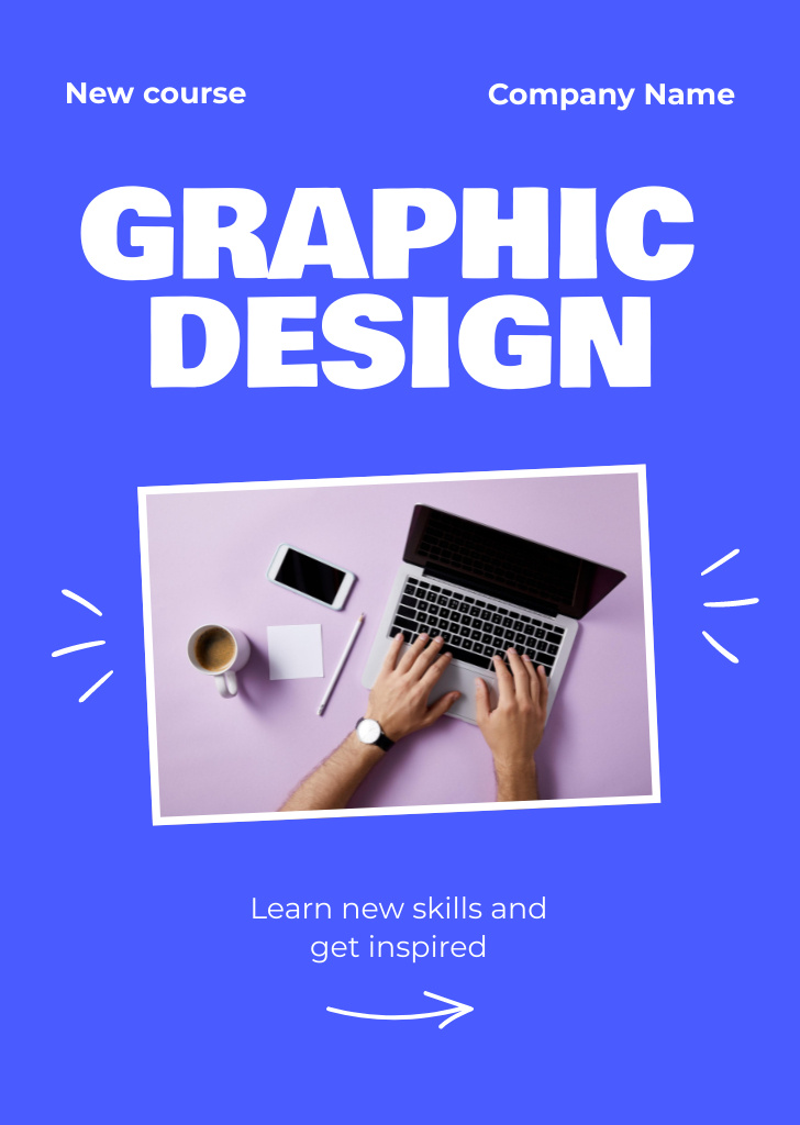 Designvorlage Graphic Design Course Announcement with Laptop on Table für Flyer A6