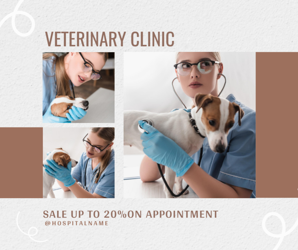 Doctor with Dog at Vet Clinic With Discounts For Services Facebook Modelo de Design