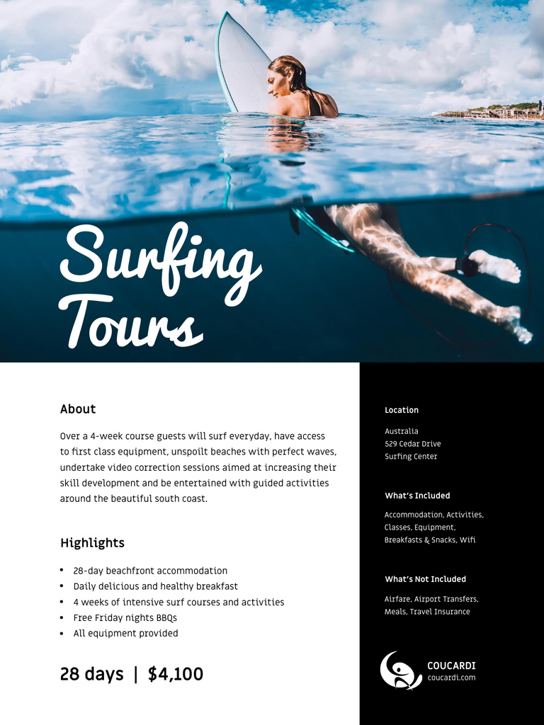 Surfing Tours Offer with Girl on Surfboard Poster US Πρότυπο σχεδίασης