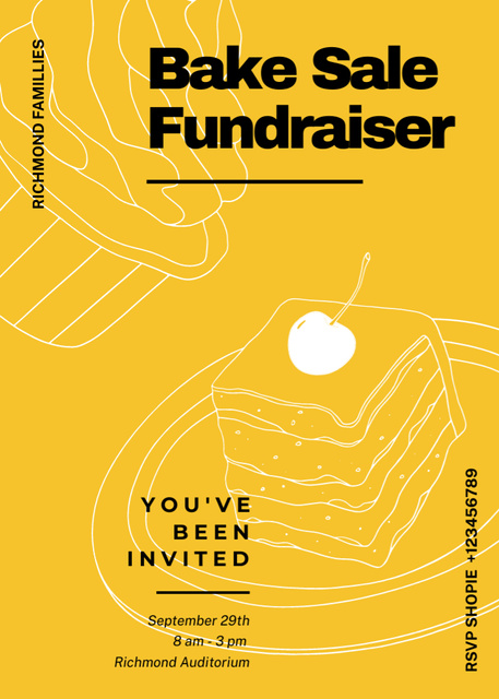 Ad of Charity Bake Sale with Yummy Cake in Yellow Invitation Modelo de Design