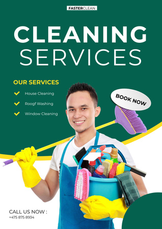 Plantilla de diseño de Cleaning Service Ad with Man in Yellow Gloves Poster 