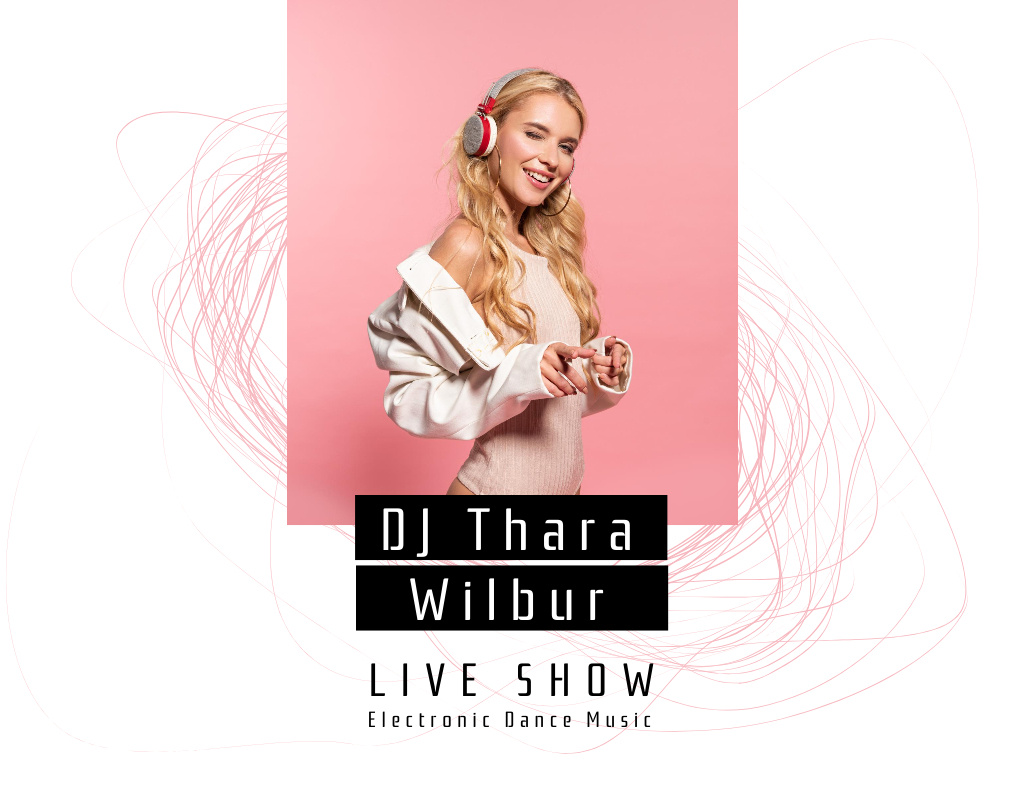 Live Show Announcement with Woman in Headphones on Pink Flyer 8.5x11in Horizontal Design Template